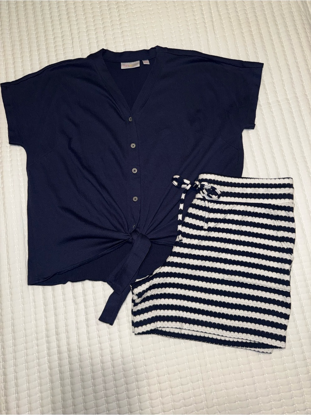 Belle Beach Navy Knit Tie-Front Top with Navy & White Striped Shorts